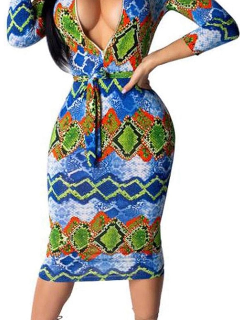 Snake print orange and green with blue dress